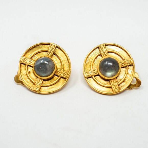 Julie VOS collection Hazel Stone 1" round gold natural stone Clip On Earrings - Picture 1 of 4